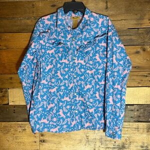 WRANGLER GIRL'S LONG SLEEVE HORSE PRINT WESTERN SNAP SHIRT BLUE & PINK XXL 14/16